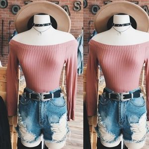 Dusty Mauve / Mulberry Off the Shoulder Crop Top